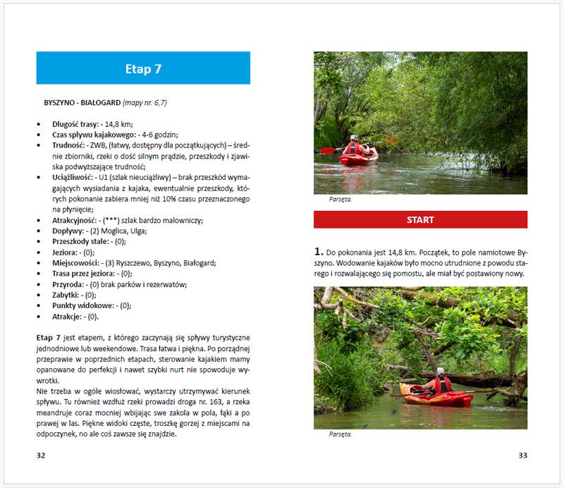 Fragment przewodnika kajakowego po rzece Parsęcie - charakterystyka etapu 7, na zdjęciach rzeka w okolicy Byszyna