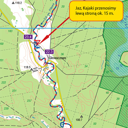 Mapa szlaku kajakowego rzeki Piława